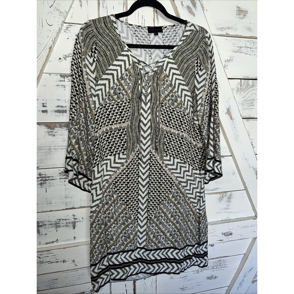 Hale Bob Large Tribal Geometric Knit Dress Lace Up V Neck Green White Half Slve - Picture 2 of 11